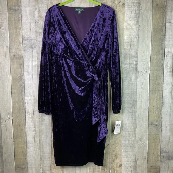 Lauren Ralph Lauren Size 12 Purple Velvet Sheath Surplice Faux Wrap Tie Dress - Picture 2 of 10